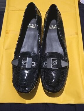 Stuart Weitzman Black Croc-Embossed Patent Loafers with Silver Hardware